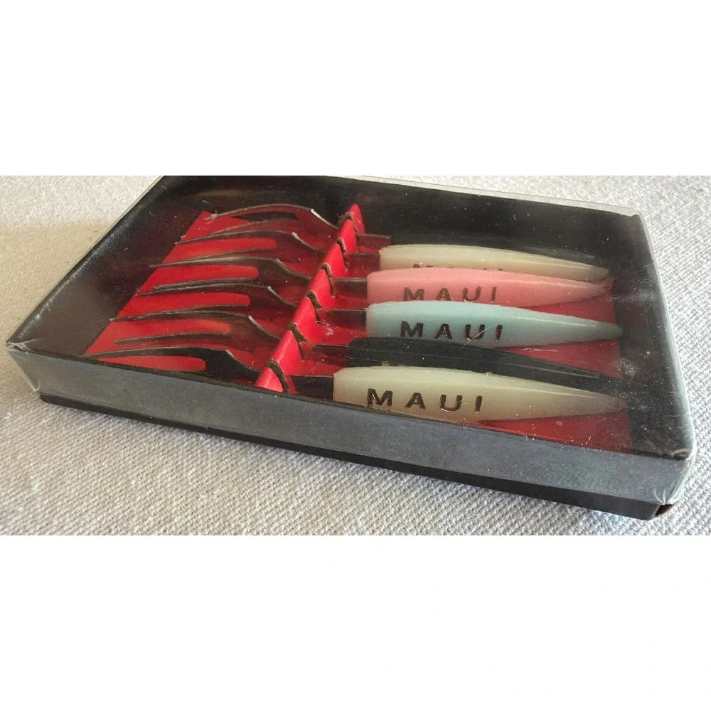 Vintage Cocktail Forks Assorted Maui Souvenir MCM Tiki Hut Luau Entertaining